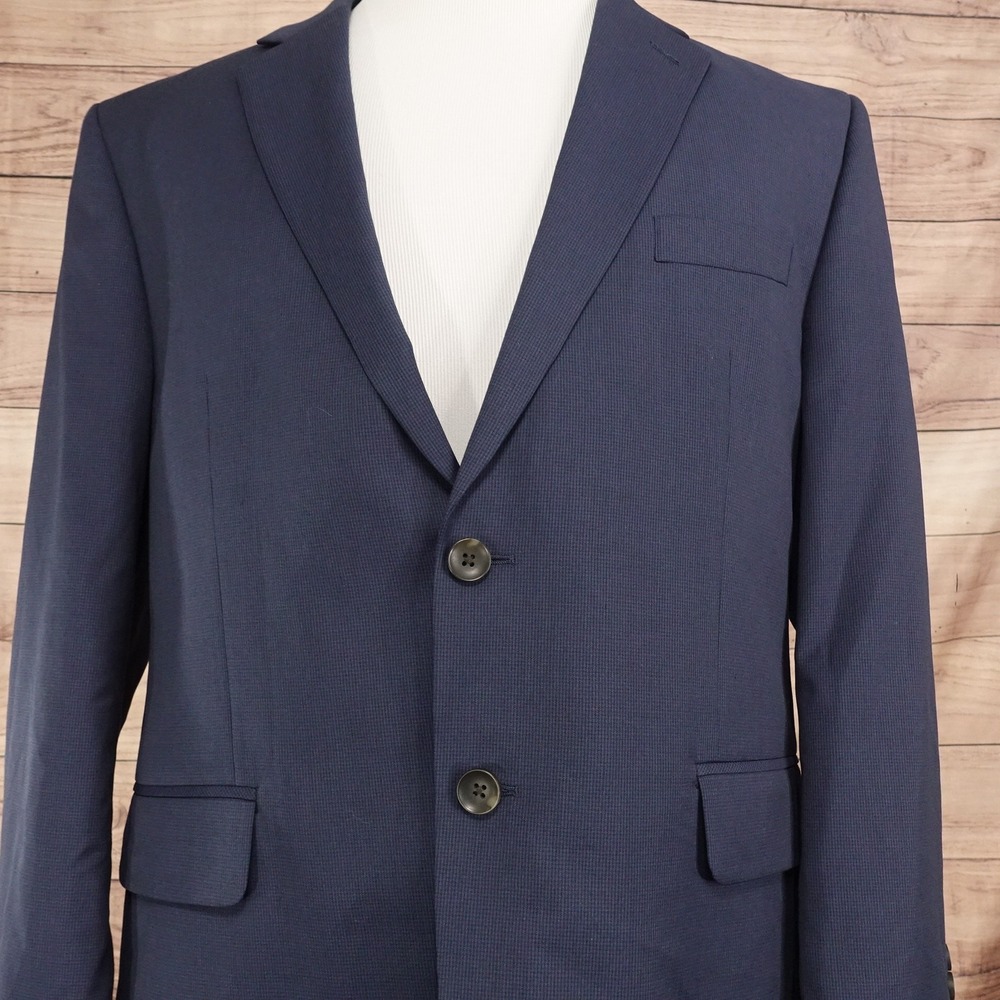 J.M. Haggar Suit Jacket Mens 44S Blue Check Polyester Classic Fit 2 Button Notch